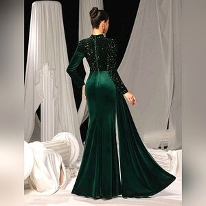 Luxurious Velvet Long Sleeve Mermaid Gown with Thigh Slit Olive Green